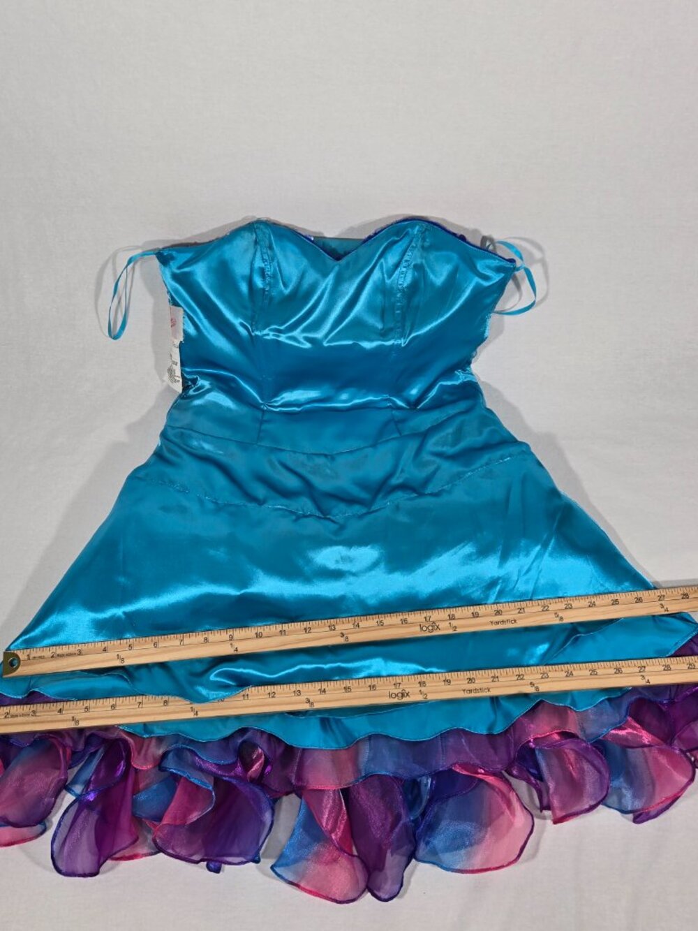 Y2K Vintage PRECIOUS FORMALS Blue-Ombre Strapless Ruffles Mini DRESS Size 8-12. - Picture 17 of 17